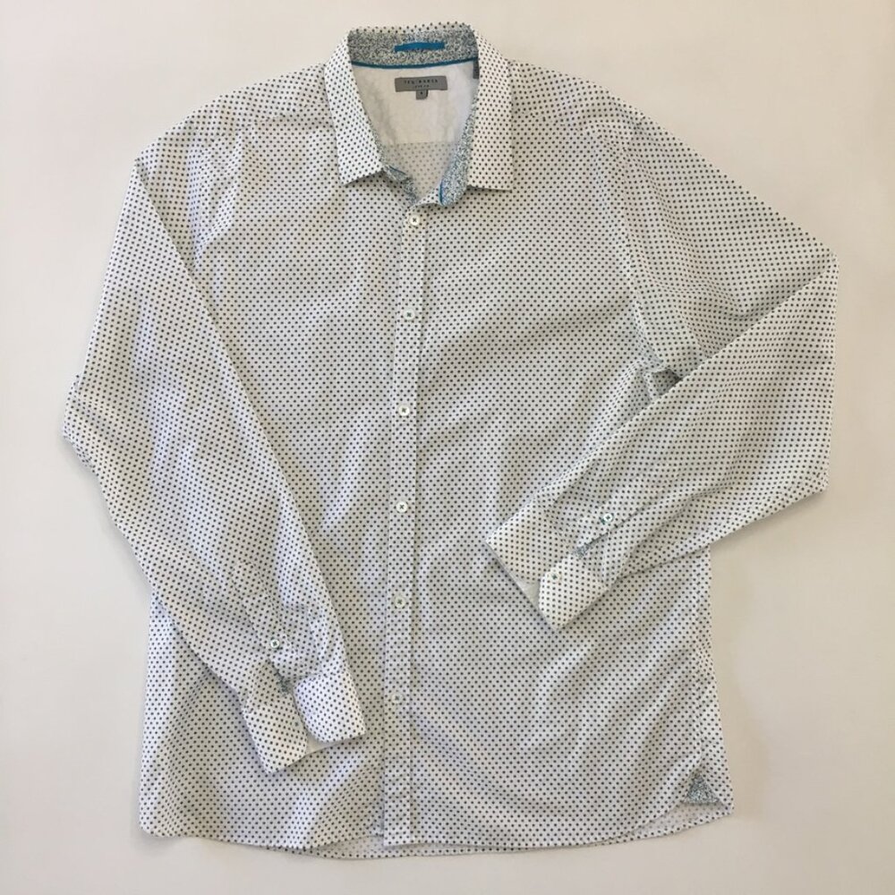 Ted Baker Mens Size 5 Button Down Shirt Collard Blue Gray White Floral Prints